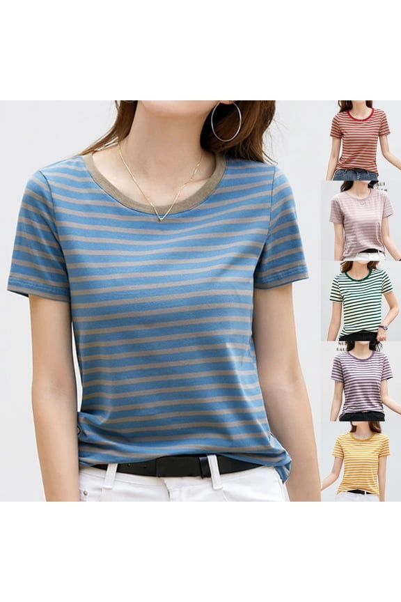 Going Out Tops for Women Striped Retro Korean Style Round Neck Short Sleeve Petite Tops for Women,Blue,L