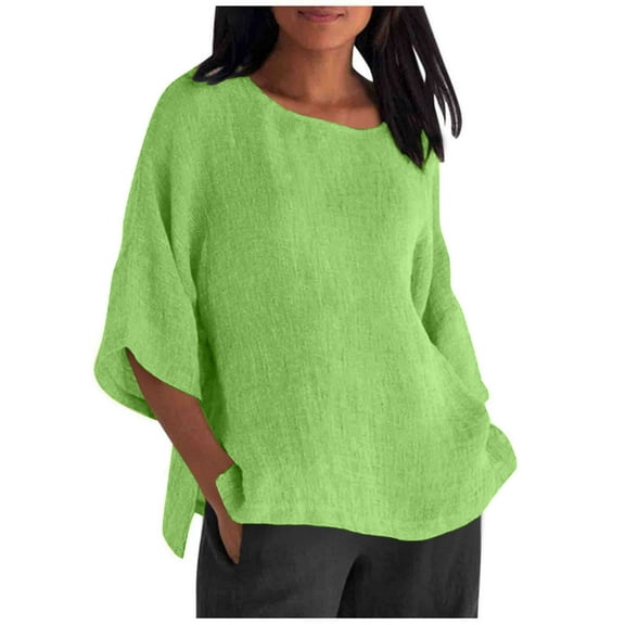 Womens Summer Tops 2025 Cotton Lien Shirts 3/4 Length Sleeve Neck Tshirts Casual Loose Blouse Beach Vacation Tees (Green)