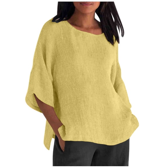 Going Out Tops for Women Summer Cotton Lien Tunic Three Quarter Sleeve  Neck Shirts Casual Loose T-Shirts Beach Vacation Tees (Yellow)