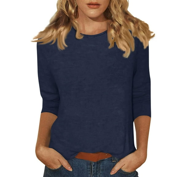 Going Out Tops for Women Summer Plus Size Tunic Three Quarter Sleeve O-Neck Tshirts Casual Loose Blouse (Royal blue)