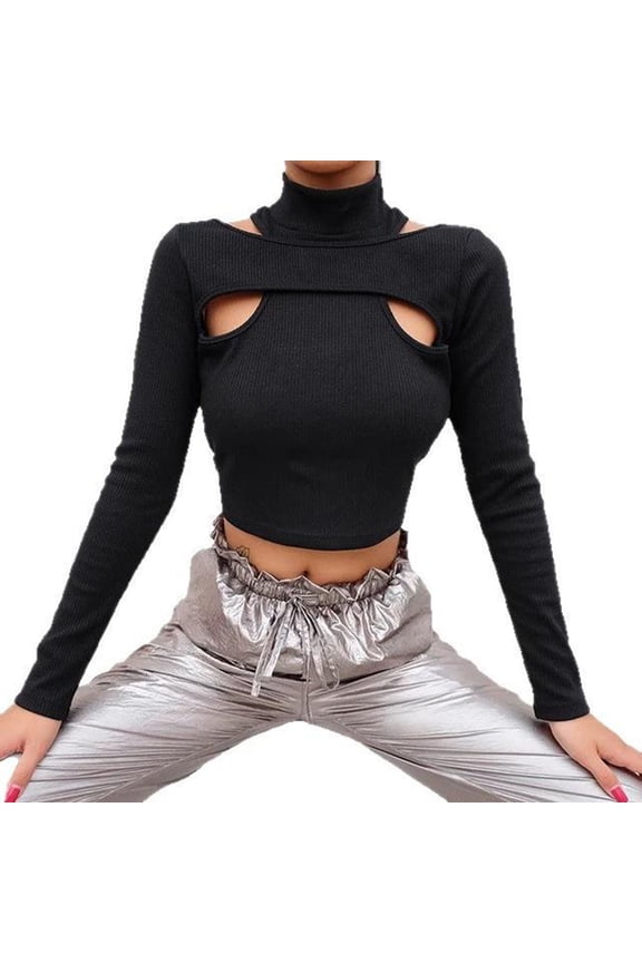 Going Out Tops for Women Trendy Cutout Y2k Sexy Crop Tee Ribbed Knit High Neck Long Sleeve Slim Fitted Sweaters (S, Black)