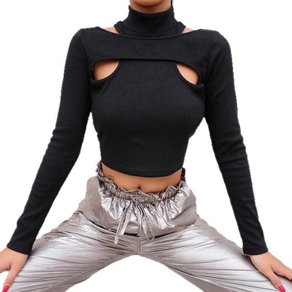 Going Out Tops for Women Trendy Cutout Y2k Sexy Crop Tee Ribbed Knit High Neck Long Sleeve Slim Fitted Sweaters (XL, Black)