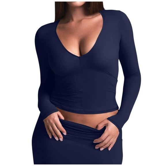 Going Out Tops for Women Trendy Double Lined Long Sleeve Tight Shirts Fashion V Neck Basic Y2K Cute Corset Shirt