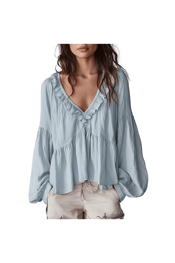 Going Out Tops for Women V Neck Ruffled Retro Soft Relaxed Casual Blouse Tops Summer Tops