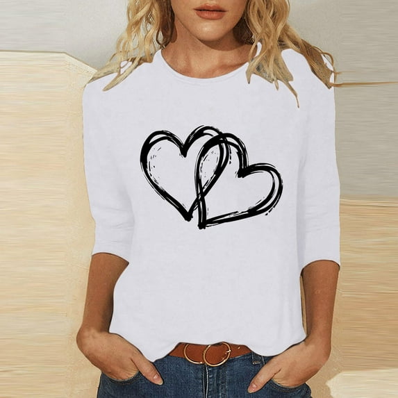 Going Out Tops for Women Viikei Womens Plus Size Tops,Women's Valentine's Printed Crew Neck 3/4 Sleeve T-shirt Loose Tops White S