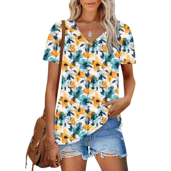 Going Out Tops for Women Viikei Womens Tops Short Sleeve Casual,Women's New Short-sleeved V-neck Pullover Casual Printed Fashion Top Multicolor M