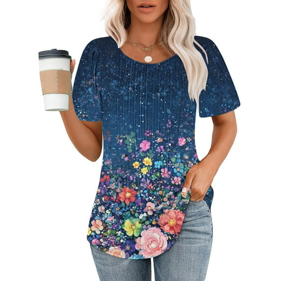 Going Out Tops for Women Viikei Womens Tops Short Sleeve Pullover,Ladies' Casual Short Sleeved Loose Round Neck Printed Top Multicolor S