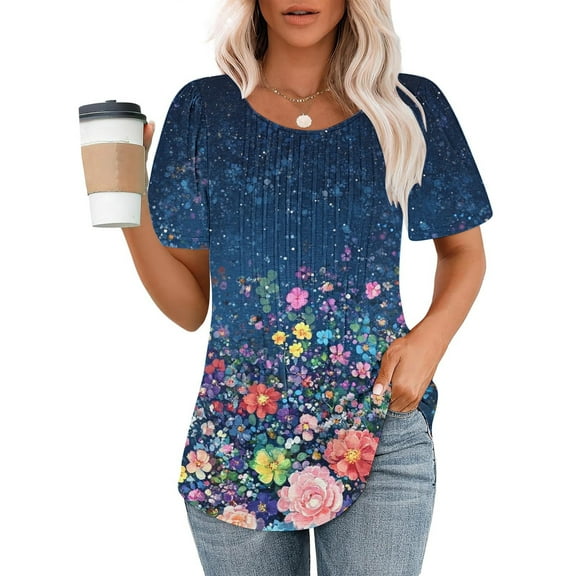 Going Out Tops for Women Viikei Womens Tops Short Sleeve Pullover,Ladies' Casual Short Sleeved Loose Round Neck Printed Top Multicolor S