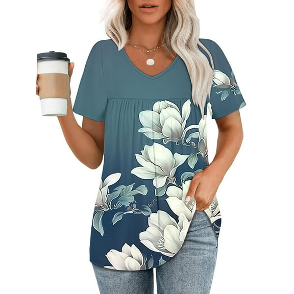 Going Out Tops for Women Viikei Womens Tops Short Sleeve Pullover,Women's Printed V-neck Short-sleeved T-shirt Loose Top Short Sleeve Top Blue M