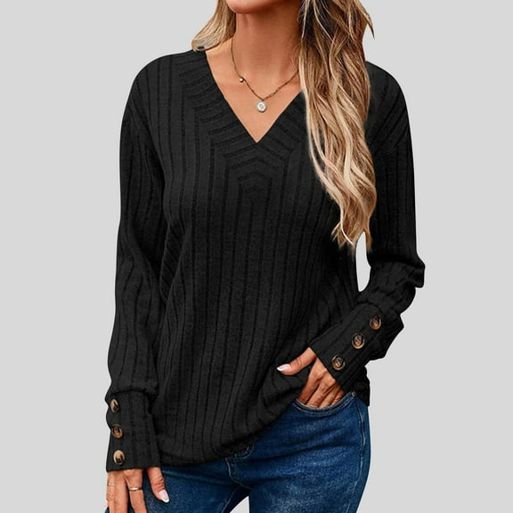 Going Out Tops for Women Viikei Womens Tops Trendy,Fall Tops for Women,Women's Solid Color Long Sleeved Round Neck Pullover Top Black XL