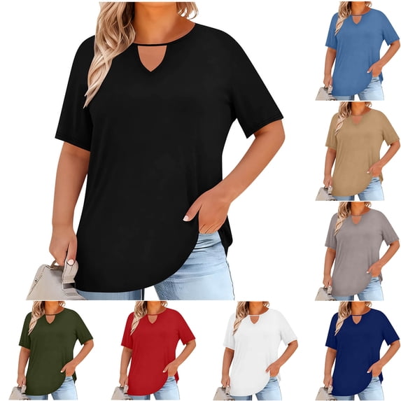 Going Out Tops for Women Women's V-Neck Center Hollow Fashionable Solid Color Plus Size Short Sleeved T-Shirt Khaki Xl