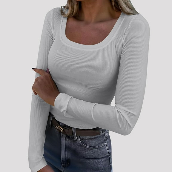 Going Out Tops for Women, Womens Long Sleeve Scoop Neck Ribbed Knit Fitted Casual Tops Tee Slim Basic Shirts