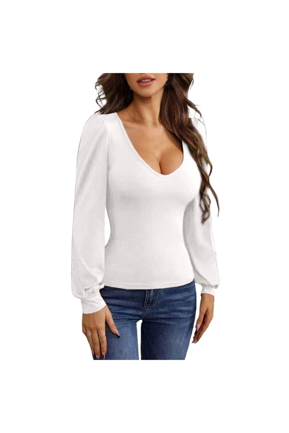 Going Out Tops for Women, Womes Lantern Long Sleeve Sweaters Sexy Deep V Neck Y2K Fitted Pullover Sweater 2025 Fall Casual Knit Crop Tops