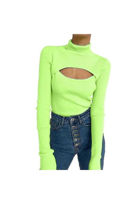 Going Out Tops for Women Y2K Shirt Cut Out Turtleneck Long Sleeve Sweater Blouses,Green,L