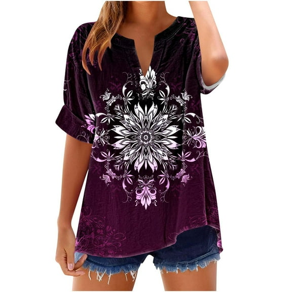 Going Out Tops for Womens 2025 Trendy Ethnic Style Tie-dye Gradient Print Short Sleeves V-Neck T-Shirt Blouse Top Style001 Small