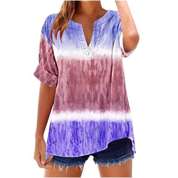Going Out Tops for Womens 2025 Trendy Ethnic Style Tie-dye Gradient Print Short Sleeves V-Neck T-Shirt Blouse Top Style002 Medium