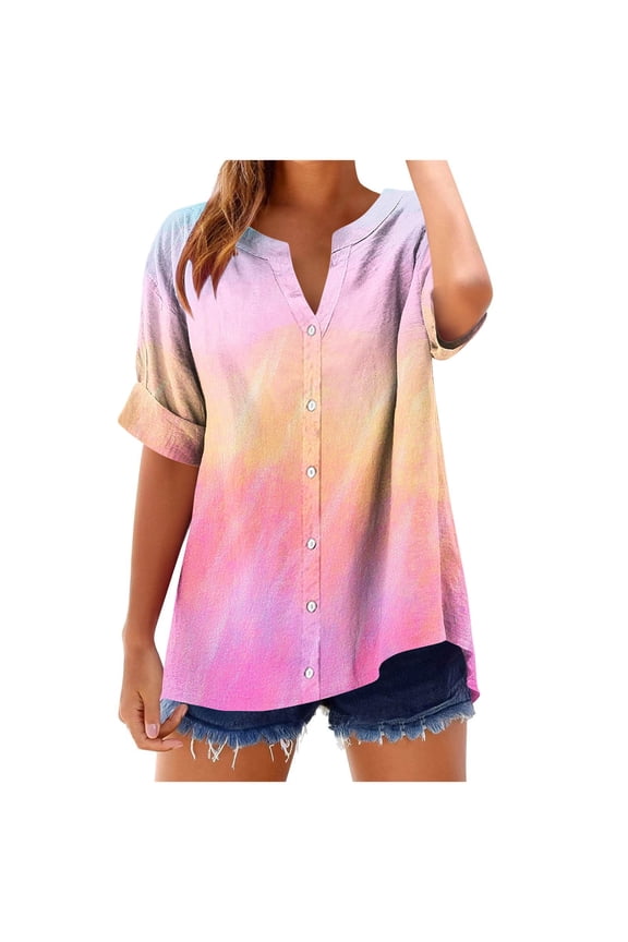 Going Out Tops for Womens 2025 Trendy Ethnic Style Tie-dye Gradient Print Short Sleeves V-Neck T-Shirt Blouse Top Style009 Large