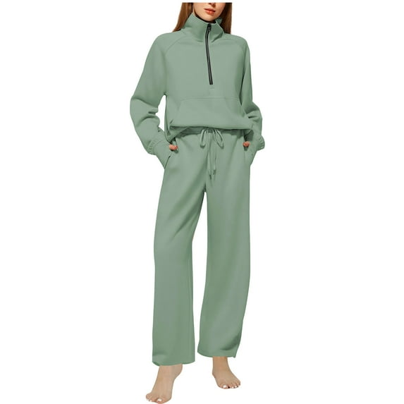 Going out Outfits Set Women's 2 Piece Outfits Loungewear Set Oversized Half Zip Sweatshirt Wide Leg Sweatpant Set Sweatsuit Tracksuit Casual Outfits 2024 S-185 Green L