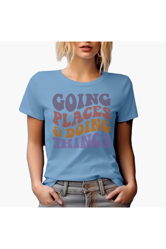 Going Places & Doing Things, Traveling or Adventure Themed, Groovy Retro Wavy Text Merch Gift, Baby Blue T-Shirt, Large