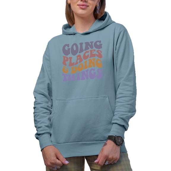 Going Places & Doing Things, Traveling or Adventure Themed, Groovy Retro Wavy Text Merch Gift, Light Blue Hooded Sweatshirt or Hoodie, Small