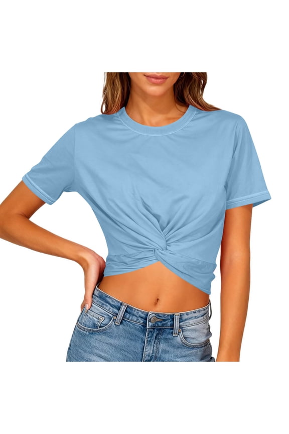 Going Out Tops Sawvnm Women Fashion Casual Solid Color Short-sleeved Round Neck Backless Hollow Front And Back Wearable T-shirt Short-sleeved Round Neck Shirt Tops for Women Light Blue L