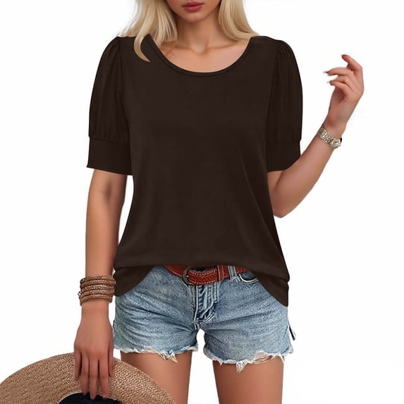 Going Out Tops Sawvnm Women Spring And Summer Fashion Style Sleeve Decoration Buckle Round Neck Loose Folded Short Sleeve T-shirt Top Tops for Women Coffee XL