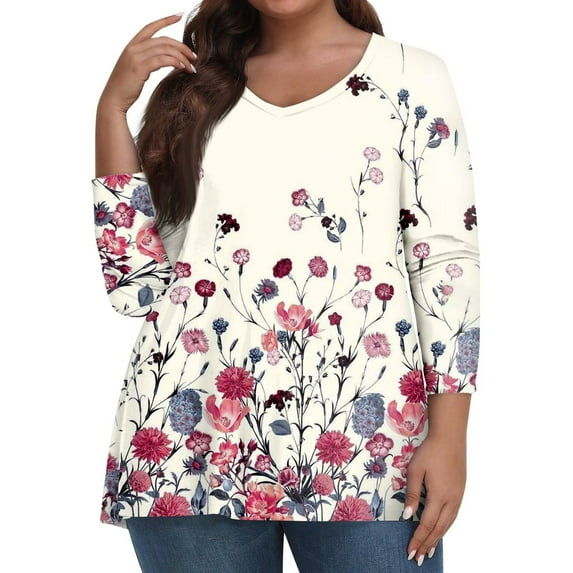 Going Out Tops for Women Fall Plus Size Shirts 3/4 Sleeve V-Neck Floral Print Tshirts Dressy Casual Tunics Fall Clothes for Women 2024 Trendy red X-Large
