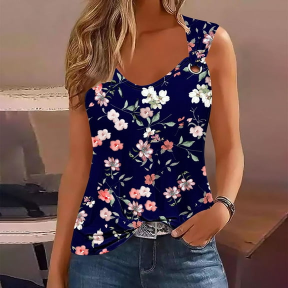 Going Out Tops for Women GaThRRgYP Summer Womens Tank Tops,Women's Fashionable Sleeveless Casual Printing Metal Round Neck Shirts Blouses Tank Dark Blue M