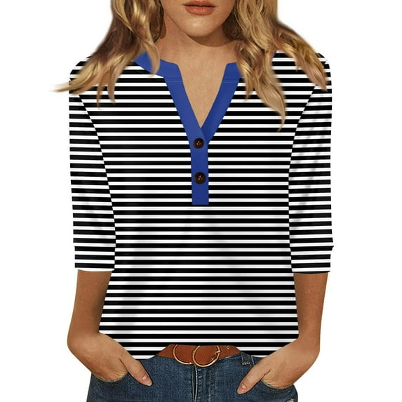 Going Out Tops for Women, Instagrammable Pantone Spring Color Tee Women's 2025 Striped V-Neck Tshirt Friendly Christmas Gift Top Vacation Outfit Women Daily Wear Shirts 3/4 Black S