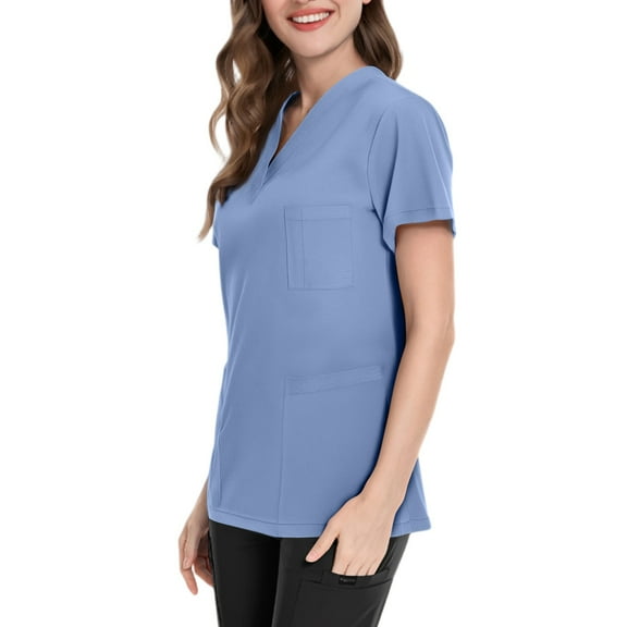 Going Out Tops for Women, Side Slit - Solid Color Short Sleeve Medical Uniform Healthcare Professionals Lightweight Breathable V-Neck Nursing Scrub Top with Multi-Pocket Blue L