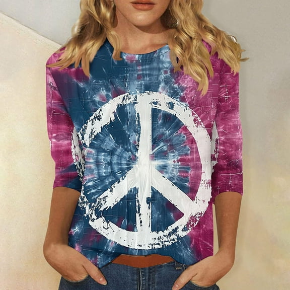 Going Out Tops for Women Viikei Long Sleeve Womens Tops,Women's Casual Fashion T-shirt Printed 3/4 Sleeve Round Neck Ruched Pullover Blouse Tops Purple L