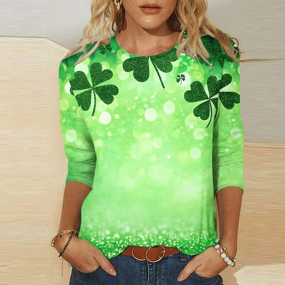 Going Out Tops for Women Viikei Womens Clothes Fall,Long Sleeve Tops for Women Trendy,Women's St. Patrick's Day Casual Print Round Neck Three Quarter Sleeve 3/4 Sleeve T-shirt Loose Top Green XXXXL