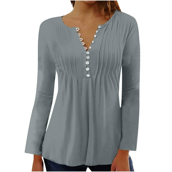 Going Out Tops for Women Viikei Womens Plus Size Clearance $5,Long Sleeve Shirts for Women Fall Womens Tops,Women's Fashionable Color Long Sleeved with V-neck Button Pleats Gray L