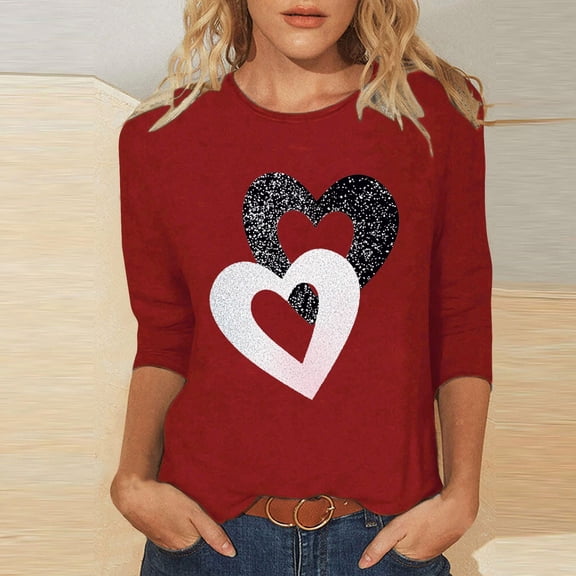 Going Out Tops for Women Viikei Womens Tops Long Sleeve Sweatshirts,Plus Size Womens Clothes,Women's Valentine's Printed Crew Neck 3/4 Sleeve T-shirt Loose Tops Red L