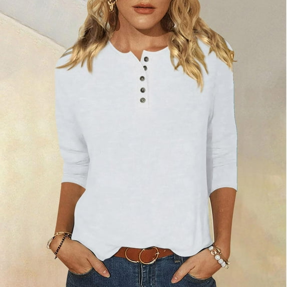 Going Out Tops for Women Viikei Womens Tops Long Sleeve,Tops for Women Clearance Sale,Women's Round Neck Button Quarter Sleeve 3/4 Sleeve T-shirt Loose Top White XL