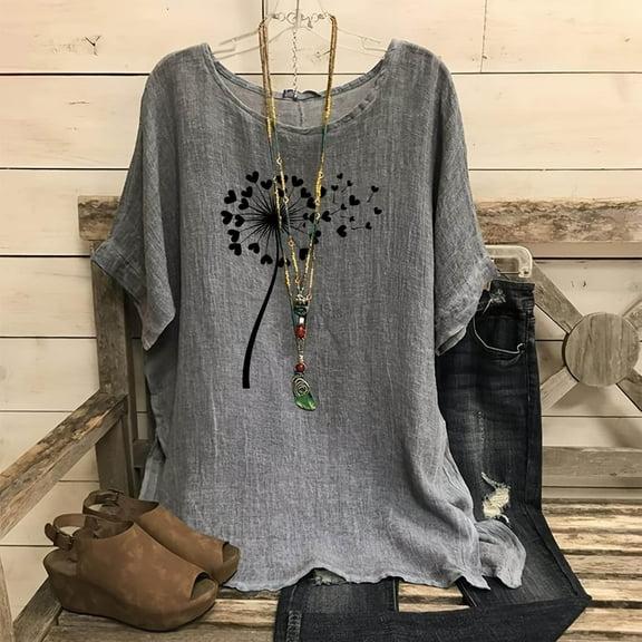 Going Out Tops for Women Viikei Womens Tops Short Sleeve Dressy,Women's Fashion Print Tees Casual Crew Neck Raglan Short Sleeve Loose T Shirt Linen Blouses Gray L