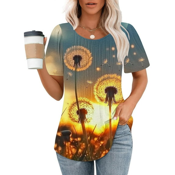 Going Out Tops for Women Viikei Womens Tops Short Sleeve Prints,Plus Size Tops for Women Short Sleeve Crewneck Shirts,Ladies' Casual Short Sleeved Loose Round Neck Printed Top Multicolor S