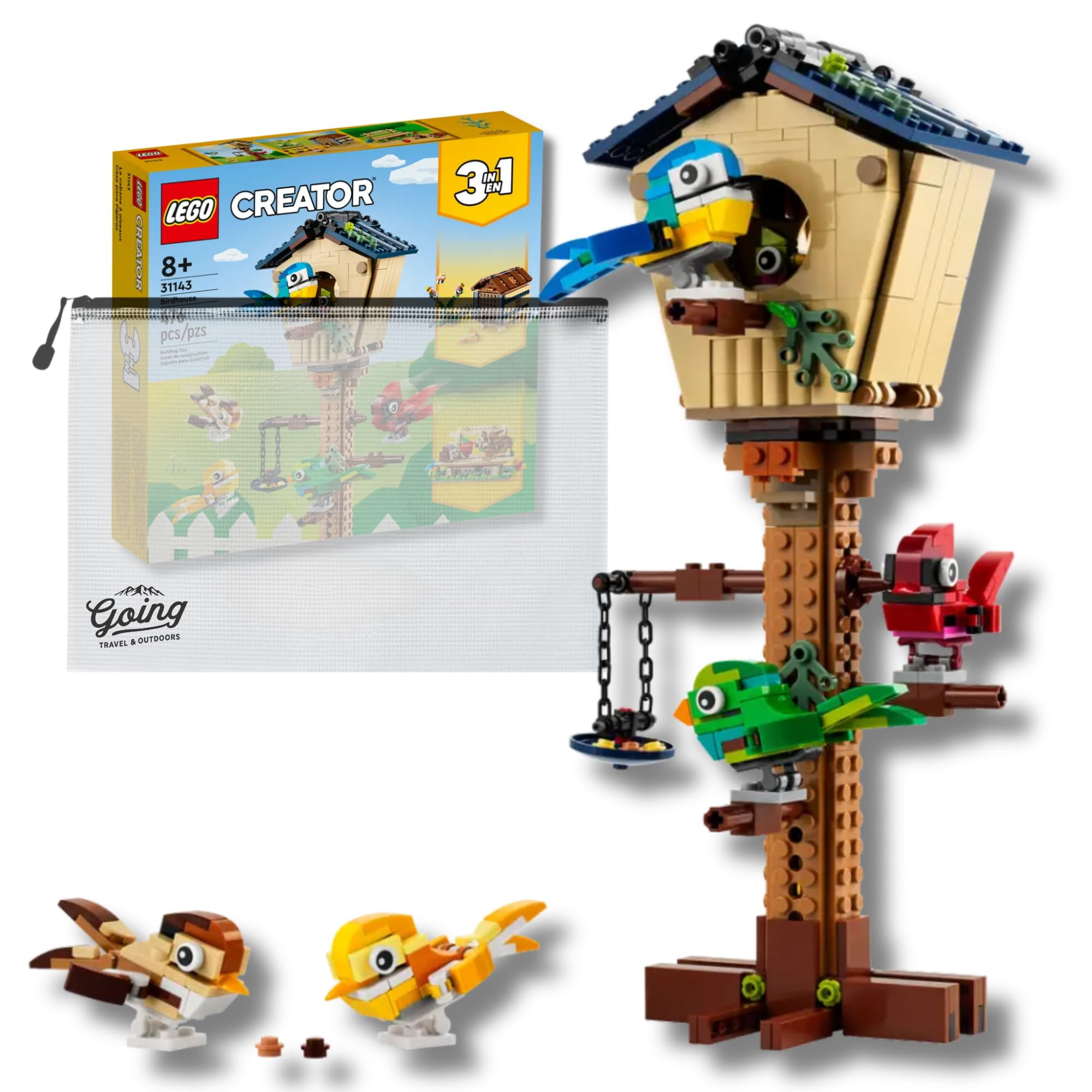 Going Toy Organizer Bag + Bricks Bundle - Bundle with Lego Creator 3in1 Birdhouse (31143) - Birds to Hedgehog to Beehive Set - Branded Toy Bag to Keep Bricks Organized