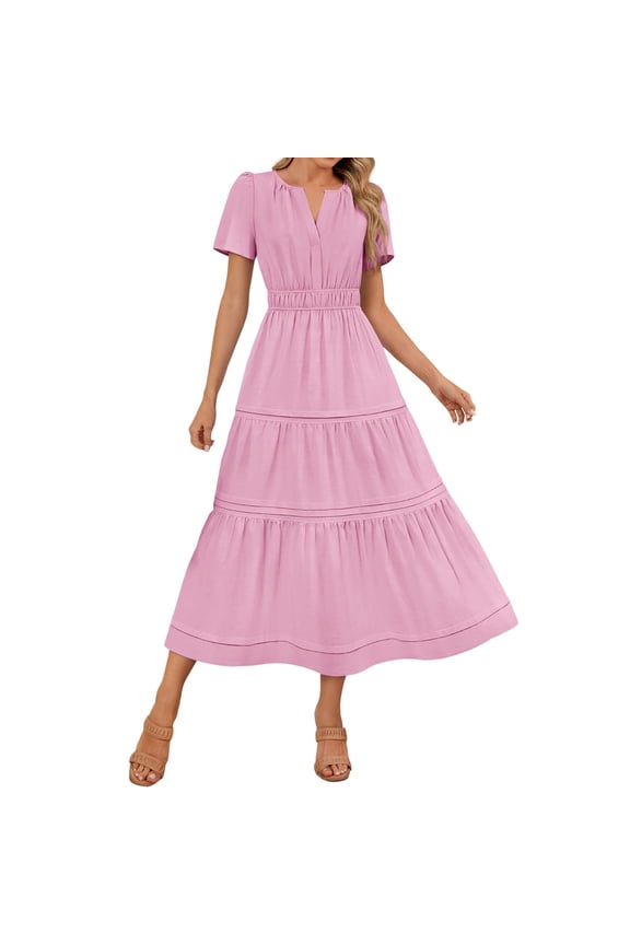 Going out Dresses for Women Maxi New Flowy Dresses for Women Pleated T Shirt Maxi Dresses Trendy Cute Beach Vacation a Line Sundresses Pinky L