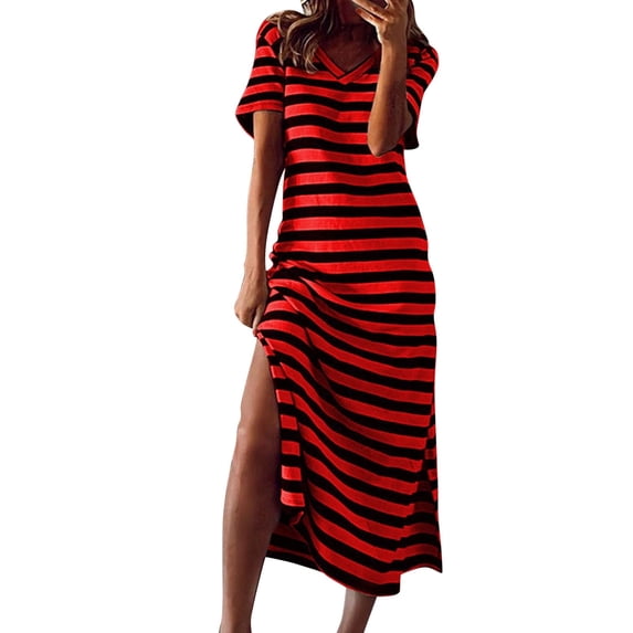 Going out Dresses for Women Summer Women Fashion Summer Casual Short Sleeve V-Neck Printing Dress Loose Dress Style B-22 Red S