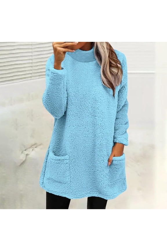 Going out Tops for Women New Turtle Neck Sweatshirt for Women Long Sleeve Soft Pullover Tops Fuzzy Fleece Sweater Fall Oversized Clothes Blue S