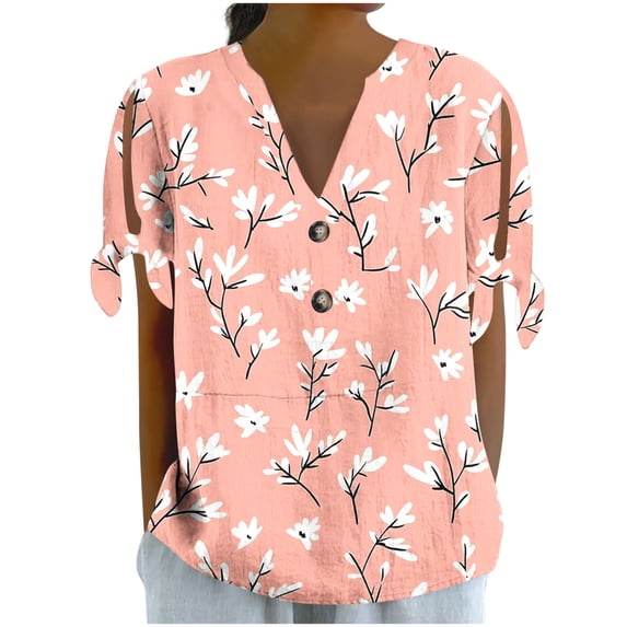 Going out Tops for Women V Neck Button Floral Printed Tie Shoulder Short Sleeve Blouses Summer Casual Shirts (M, Pink 1)