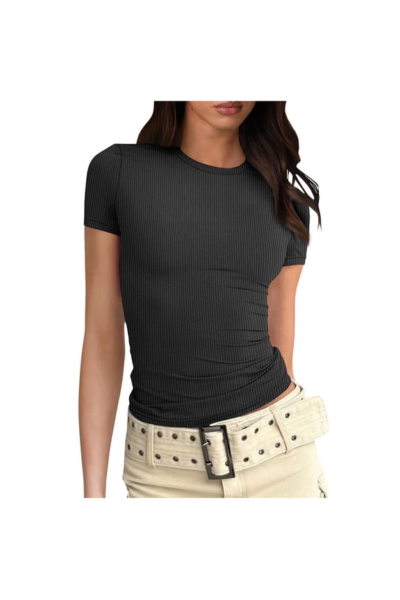 Going out Tops for Womens Summer Short Sleeve Shirts Slim Fitted Tight T Shirt Basic Tees S-2XL