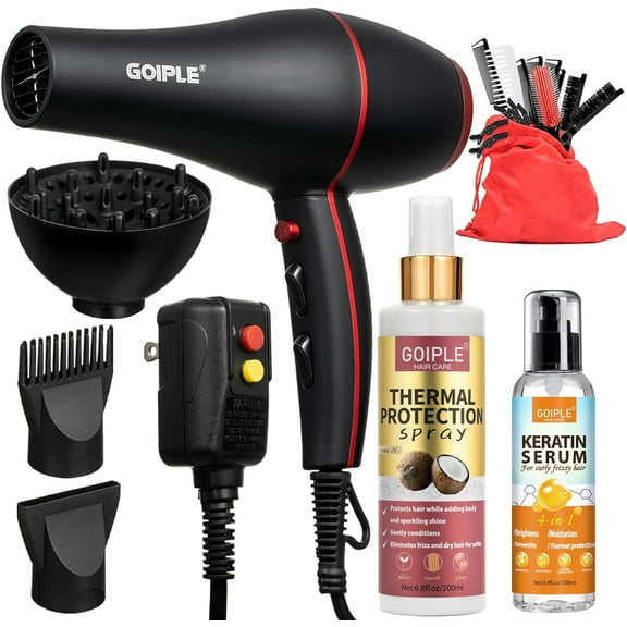 Goiple 1800Watt Professional Ionic Hair Dryer Kit for Fast Drying,3 Temps,2 Speeds with Advanced Technology, Personalize Your Drying Experience with Adjustable Airflow, Includes Heat Protection Spray