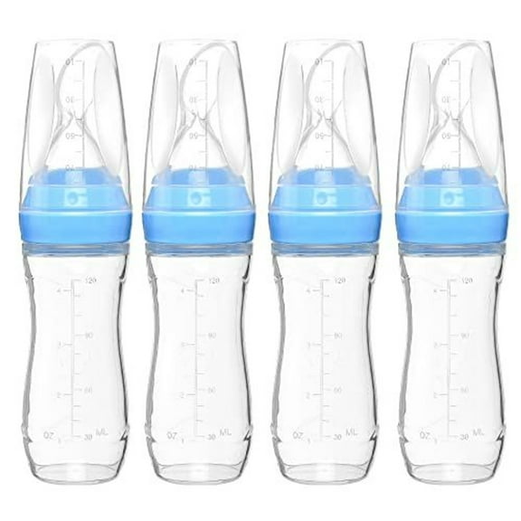 Goji Baby 4 oz Silicone Baby Food Dispensing Spoon - Mess-Free Meals & Feeding Spoon - Leak-Proof Stopper & Travel Essential - Smooth-Puree Strainer & Baby Food Feeder - Pack of 4, Blue