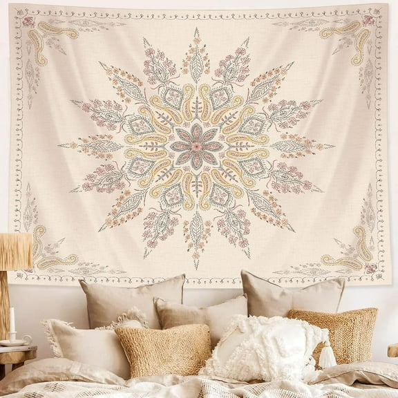 Gojian Bohemian Tapestry Wall Hanging, Beige Pink Floral Tapestry with Wild Flower Medallion Print Bedroom Boho Home Decor, White Wreath
