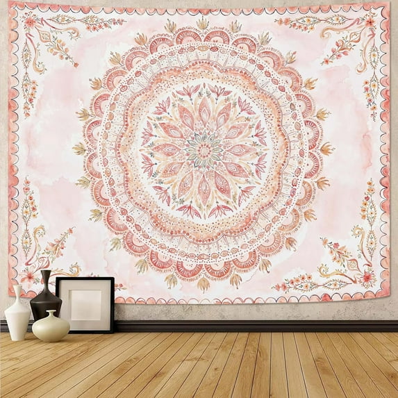 Gojian Boho Floral Mandala Tapestry Wall Hanging Pink Bohemian Flower Medallion Tapestry Aesthetic Watercolor Hippie Indian Small Tapestries for Bedroom Living Room Dorm Decor