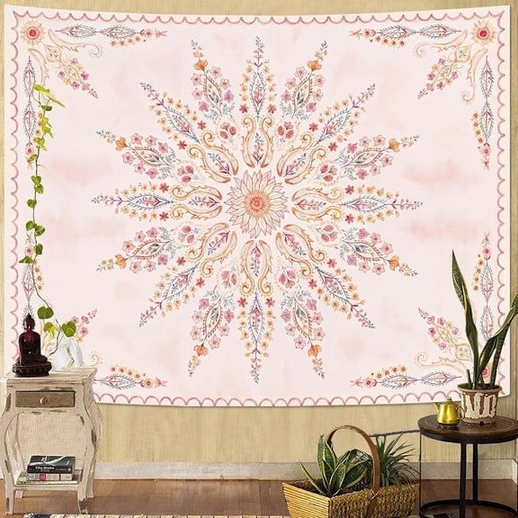 Gojian Boho Floral Mandala Tapestry Wall Hanging Pink Bohemian Flower Medallion Tapestry Aesthetic Watercolor Hippie Indian Small Tapestries for Bedroom Living Room Dorm Decor