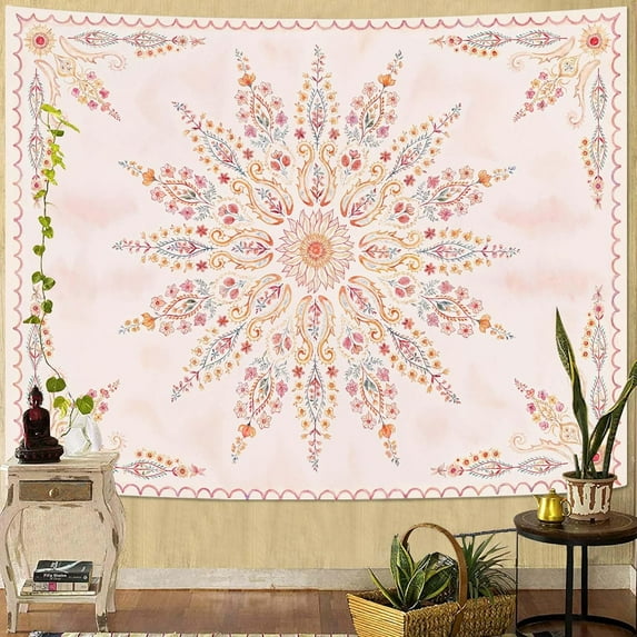 Gojian Boho Floral Mandala Tapestry Wall Hanging Pink Bohemian Flower Medallion Tapestry Aesthetic Watercolor Hippie Indian Small Tapestries for Bedroom Living Room Dorm Decor