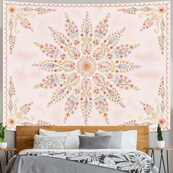 Gojian Boho Floral Mandala Tapestry Wall Hanging Pink Bohemian Flower Medallion Tapestry Aesthetic Watercolor Hippie Indian Small Tapestries for Bedroom Living Room Dorm Decor